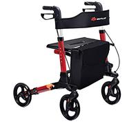 GYMAX Folding Rollator Walker with Seat, Dual Brakes, Detachable Storage Bag, Cane Holder, Adjustable Height 4 Wheel Walkers, Lightweight Aluminium Walking Mobility Aid for Elderly (Red)