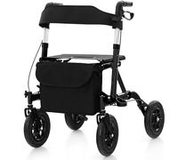 GYMAX Folding Rollator Walkers, 4 Wheel Height Adjustable Medical Walking Aid with Seats, Storage Bag and All Terrain Wheels, Lightweight Walking Frame for the Elderly and Disabled (Dark)