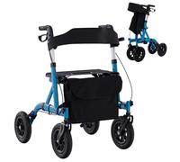 GYMAX Folding Rollator Walkers, 4 Wheel Height Adjustable Medical Walking Aid with Seats, Storage Bag and All Terrain Wheels, Lightweight Walking Frame for the Elderly and Disabled (Blue)