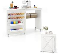 Gymax Folding Sewing Table Sewing Cabinet 18 Pegs Storage Trays & Barn-door in White Gymax White