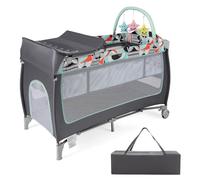 GYMAX Folding Travel Cot, 4 in 1 Baby Bed Playard (Grey+Blue)