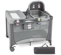 GYMAX Folding Travel Cot, 5 in 1 Portable Baby Bed Playard, Diaper Changer, Mattress, Hanging Toys, Storage Pockets & Carry Bag, Infant Bassinet Nursery Center for Newborn (Grey)