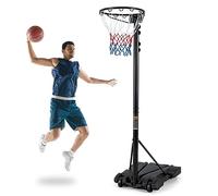 GYMAX Freestanding Netball Post Set, 8.5FT-10FT Adjustable Basketball Stand with Fillable Base & 2 Wheels, Portable Basketball Hoop System for Indoor and Outdoor