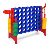 GYMAX Giant 4 in a Row Game, Jumbo Connect 4 Garden Games with 42 Rings, Basketball Hoop, Ring Game & Quick-Release Slider, Outdoor Four in a Row Toys for Kids Adults Family (Red)