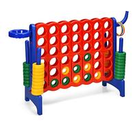 GYMAX Giant 4 in a Row Game, Jumbo Connect 4 Garden Games with 42 Rings, Basketball Hoop, Ring Game & Quick-Release Slider, Outdoor Four in a Row Toys for Kids Adults Family (Blue)