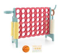 GYMAX Giant Connect 4 Game, Jumbo Four in a Row Games with 42 Rings, Basketball Hoop, RingGame, 5 Toss Rings, Basketball&Quick-Release Slider, Garden 4 to Score Game for Kids Adults (Blue+Pink)