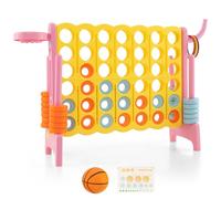 GYMAX Giant Connect 4 Game, Jumbo Four in a Row Games with 42 Rings, Basketball Hoop, RingGame, 5 Toss Rings, Basketball&Quick-Release Slider, Garden 4 to Score Game for Kids Adults (Yellow+Pink)