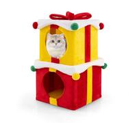 GYMAX Gift Box-Shaped Cat House, Christmas Stackable Cat Condos with Plush Balls, Cats Activity Center for Indoor