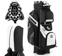 GYMAX Golf Cart Bag, 14-Way Dividers Lightweight Portable Golf Club Bag with Molded Lock Top, 11 Pockets, Cooler Bag, Rain Hood, Shoulder Strap, Golf Bags for Men Women (Black+White)