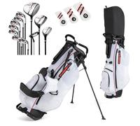 GYMAX Golf Clubs for Men Women, 12PCS Right Handed Complete Golf Set - 3 Woods (#1#3#5), 5 Irons (#5#6#7#8#9), Sand/Pitching Wedge, Putter, 3 Head Covers, Rain Hood & Stand Bag (Red)
