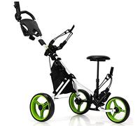 GYMAX Golf Push Pull Cart, Lightweight 3 Wheels Golf Trolley with Storage Bag, Foot Brake, Adjustable Umbrella Holder, Padded Seat and 4 Height Position Handle, Foldable Golf Bag Holder (Green)