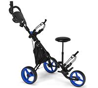 GYMAX Golf Push Pull Cart, Lightweight 3 Wheels Golf Trolley with Storage Bag, Foot Brake, Adjustable Umbrella Holder, Padded Seat and 4 Height Position Handle, Foldable Golf Bag Holder (Blue)