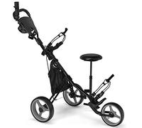 GYMAX Golf Push Pull Cart, Lightweight 3 Wheels Golf Trolley with Storage Bag, Foot Brake, Adjustable Umbrella Holder, Padded Seat and 4 Height Position Handle, Foldable Golf Bag Holder (Gray)