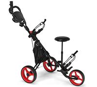 GYMAX Golf Push Pull Cart, Lightweight 3 Wheels Golf Trolley with Storage Bag, Foot Brake, Adjustable Umbrella Holder, Padded Seat and 4 Height Position Handle, Foldable Golf Bag Holder (Red)