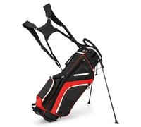 GYMAX Golf Stand Bag, 14 Way Golf Bag with 6 Pockets, Dual Shoulder Strap and Rain Hood, Lightweight Portable Golf Clubs Bag for Men Women (Red)
