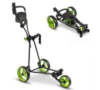 GYMAX Golf Trolley, Folding 3 Wheel Golf Push Cart with Foot Brake, Umbrella & Cup Holder, Adjustable TPR Handle and Mesh Bag, Lightweight Golf Bag Holder (Green)