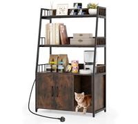 GYMAX Hidden Cat Litter Box Enclosure, Cat Washroom Cabinet with 3-Tier Shelves, Charging Station, Winding Entry & Scratching Board, Indoor Pet Cabinet Corner Shelf for Kitten (Rustic Brown + Black)