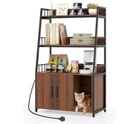 GYMAX Hidden Cat Litter Box Enclosure, Cat Washroom Cabinet with 3-Tier Shelves, Charging Station, Winding Entry & Scratching Board, Indoor Pet Cabinet Corner Shelf for Kitten (Walnut + Black)
