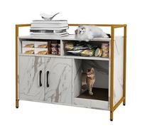 GYMAX Hidden Cat Litter Box Enclosure, Wooden Kitty Washroom Storage Cabinet Nightstand Side Table with Scratching Board and Shelves, Cat House Pet Crate for Kitten & Large Cat (White Marble Pattern)