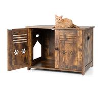 GYMAX Hidden Cat Litter Box Enclosure, Wooden Kitty Washroom Storage Cabinet with 2 Doors and Holes, Indoor Cat Houses End Table for Living Room & Hallway, Rustic Brown