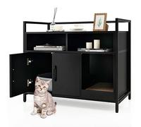 GYMAX Hidden Litter Box Enclosure, Wooden Cat Washroom Storage Cabinet Nightstand Side Table with Scratching Board and Shelves, Pet House Crate for Kitten (Black)