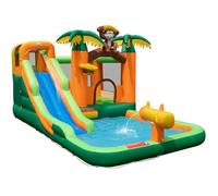 GYMAX Inflatable Water Castle, 7-in-1 Water Park with Slide, Splash Pool, Water Cannon, Climbing Wall & Basketball Hoop, Children Bouncy House for 3-10 Years Old, 460 x 285 x 230cm