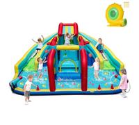 GYMAX Inflatable Water Castle, 8-in-1 Water Park with Slides, Climbing Wall, Obstacle Course & Basketball Hoop, 473 x 370 x 221cm Children Bouncy House for 3-12 Years Old (with 680W Blower)