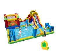 GYMAX Inflatable Water Castle, 9-in-1 Water Park with Slide, Giant Soccer Zone, Volleyball Net, Climbing Wall & Punching Bag, Children Bouncy House for 3-12 Years Old, 500x410x190cm (with 680W Blower)