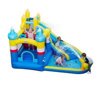 GYMAX Inflatable Water Castle, Kids Bounce House with Slide, Climbing Wall, Water Cannon, Basketball Hoop & Ocean Balls, Indoor Outdoor Children Bouncy Castle for 3-12 Years Old (without Blower)