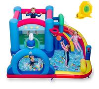 GYMAX Inflatable Water Castle, Kids Bounce House with Slide, Splash Pool, Punching Bag, Water Cannon & Basketball, Indoor Outdoor Children Bouncy Castle for 3-12 Years Old (with 750W Blower)