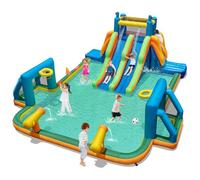 GYMAX Inflatable Water Castle, Kids Bounce House with Slides, Giant Soccer Zone, Climbing Wall, Water Cannons & Ring-toss Game, Indoor Outdoor Children Bouncy Castle for Garden