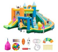 GYMAX Inflatable Water Park, 10 in 1 Kids Bouncy Castle with 2 Slides, Climbing Wall, Water Cannon, Basketball, Football, Ocean Balls & Colorful Rings, Children Jumping House for 3-10 Years Old