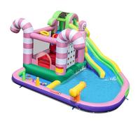 GYMAX Inflatable Water Park, 9 in 1 Kids Bouncy Castle with Slide, Climbing Wall, Water Cannon, Tic Tac Toe Game, Ball Pit & Basketball Hoop, Children Jumping House for 3-10 Years Old, 425x375x225cm
