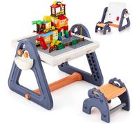 GYMAX Kids Activity Table and Chair Set, 6 in 1 Toddler Easel with Rotatable Double Sided Panel, 160 PCS Building Blocks & 2 Storage Boxes, Children Sand/Water Table for Boys Girls