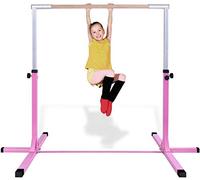 GYMAX Kids Adjustable Gymnastics Horizontal Bar, Children Sport Training Bar with Durable Beech Wood Bar and Steel Pole, Junior Kip High Bar for Home Garden (Pink)