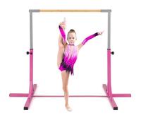 GYMAX Kids Adjustable Gymnastics Horizontal Bar, Children Sport Training Bar with Durable Beech Wood Bar and Steel Pole, Junior Kip High Bar for Home Garden (Pink)