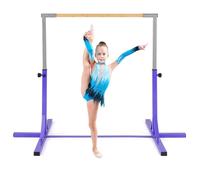 GYMAX Kids Adjustable Gymnastics Horizontal Bar, Children Sport Training Bar with Durable Beech Wood Bar and Steel Pole, Junior Kip High Bar for Home Garden (Purple)