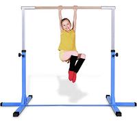 GYMAX Kids Adjustable Gymnastics Horizontal Bar, Children Sport Training Bar with Durable Beech Wood Bar and Steel Pole, Junior Kip High Bar for Home Garden (Blue)