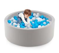 GYMAX Kids Ball Pit, Soft Foam Ball Pool with 200 Ocean Balls, Storage Mesh Bag & Washable Cover, 90x90x30cm Round Balls Pit for 1-6 Years Old Boys Girls (Grey+White+Blue Balls)