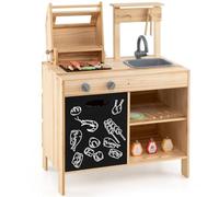 GYMAX Kids Barbecue Playset, Wooden Children Kitchen with Sink, Chalkboard, Play Food, Grilling Tools and Seasoning Bottles, Indoor Outdoor BBQ Grill Toy Set for 3 Years Old + Boys Girls