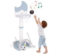 GYMAX Kids Basketball Hoop, 4 in 1 Height Adjustable Basketball Stand with Electronic Scoreboard, Ring Toss, Soccer Goal & Golf Set, Toddler Sports Activity Center for Indoor Outdoor (White+Blue)