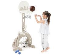 GYMAX Kids Basketball Hoop and Stand, 4 in 1 Height Adjustable Basketball Stand with Football Goal, Golf Set&Ring Toss, Sports Activity Center for 3 Years Old+ (Cake-shaped, 57 x 52 x 125 cm)