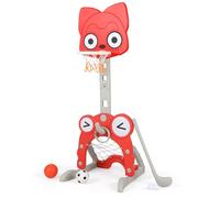 GYMAX Kids Basketball Hoop and Stand, 4 in 1 Height Adjustable Basketball Stand with Football Goal, Golf Set&Ring Toss, Sports Activity Center for 3 Years Old+ (Fox-shaped, 52 x 55 x 118-148 cm)