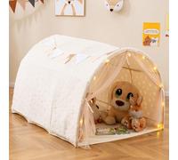 GYMAX Kids Bed Tent, Canopy Play Tent with Glow in the Dark Stars, Net Curtains, String Lights & Flags, Indoor Children Playhouse for 3+ Years Old, 137x101x82cm