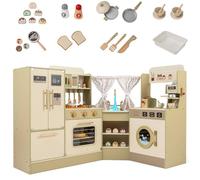 GYMAX Kids Corner Kitchen, Large Play Kitchen with Stoves, Microwave, Coffee Machine, Refrigerator, Dishwasher and Accessories, Wooden Toy Kitchen for 3 + Years Old