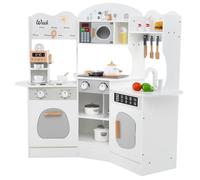 GYMAX Kids Corner Kitchen, Wooden Play Kitchen with Realistic Lights, Sounds, Coffee Maker, Microwave, Sink, Faucet & Utensils, Children Pretend Toy Kitchen Playset for 3+ Years Old (White)