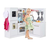 GYMAX Kids Corner Kitchen, Wooden Play Kitchen with Stoves, Microwave, Oven, Telephone, Range Hood, Ice Maker, Chalkboard, Water Circulation System & Lights, Toy Kitchen for 3 + Years Old (White)