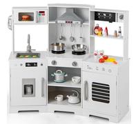 GYMAX Kids Corner Kitchen, Wooden Play Kitchen with Stoves, Range Hood, Ice Maker, Sink, Coffee Maker, Microwave, Oven, Telephone, Utensils, Sounds & Lights, Toy Kitchen for 3 + Years Old (White)