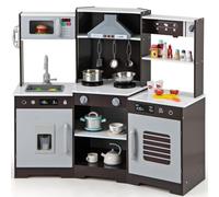 GYMAX Kids Corner Kitchen, Wooden Play Kitchen with Stoves, Range Hood, Ice Maker, Sink, Coffee Maker, Microwave, Oven, Telephone, Utensils, Sounds & Lights, Toy Kitchen for 3 + Years Old (Brown)