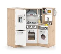 GYMAX Kids Corner Kitchen, Wooden Toy Kitchen with Microwave, Range Hood, Washing Machine, Ice Dispenser, Phone, Cooking Accessories, Realistic Light & Sound, Large Play Kitchen for 3 Years Old +